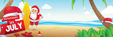 Haziran, Temmuz, Ağustos, Noel poster, pazarlama, reklam, yaz Satılık, tebrik kartı. Santa için metin kopya alanı ile yaz aylarında