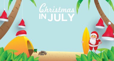 Haziran, Temmuz, Ağustos, Noel poster, pazarlama, reklam, yaz Satılık, tebrik kartı. Santa için metin kopya alanı ile yaz aylarında