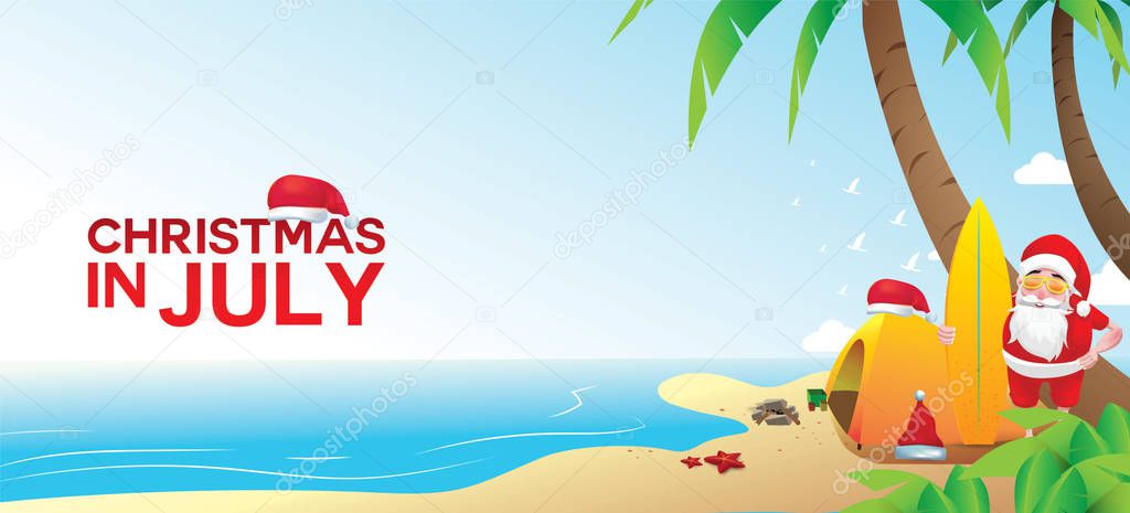 Christmas in June, July, August, for poster, marketing, advertising, summer sale, greeting card. santa in summer with copy space for text