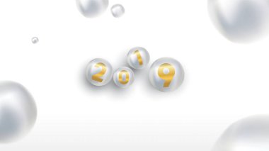 2019 mutlu yeni yıl renk Noel topları veya soyut topları veya bubbles.3d işareti kopya alanı ile. Festival poster veya banner tasarımı. Parti Davetiyesi