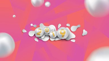 2019 mutlu yeni yıl ile sıvı dinamik akışkan küreler ve Noel topları veya soyut topları veya bubbles.3d işareti ile alanı kopyalayın. Festival poster veya banner tasarımı. Parti Davetiyesi