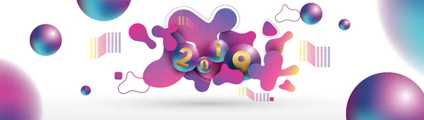 2019 Feliz Ano Novo Com Esferas Fluidas Dinâmicas Líquidas Bolas — Vetor de Stock