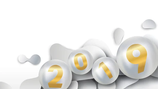 2019 Feliz Año Nuevo Con Esferas Líquidas Dinámicas Fluidas Bolas — Vector de stock