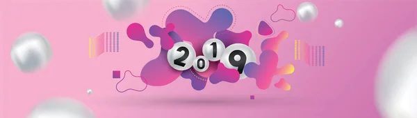 2019 Feliz Ano Novo Com Esferas Fluidas Dinâmicas Líquidas Bolas — Vetor de Stock