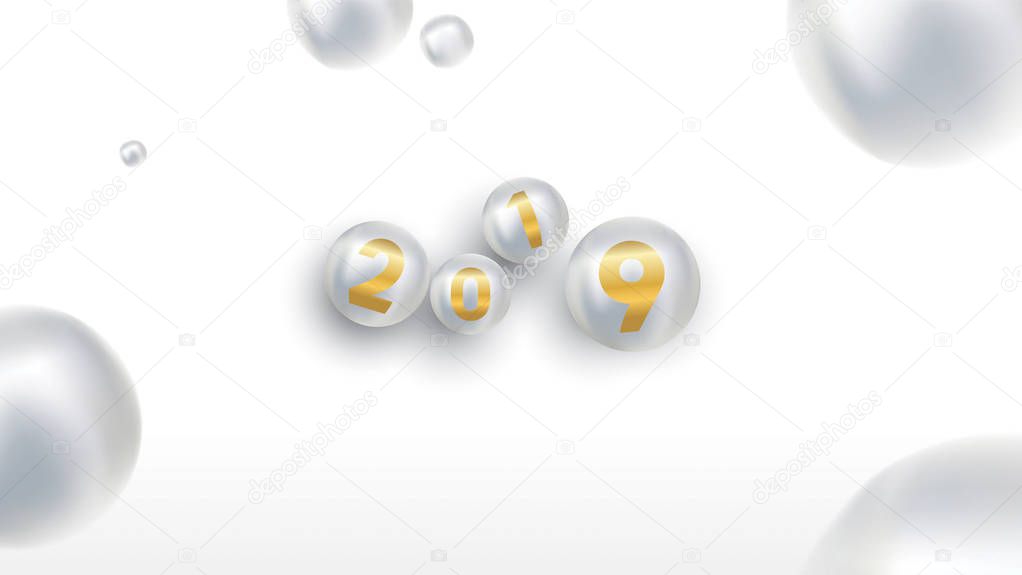2019 Happy new year with color Christmas balls or abstract balls or bubbles.3d sign copy space. Festive poster or banner design. Party invitation