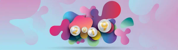2019 mutlu yeni yıl ile sıvı dinamik akışkan küreler ve Noel topları veya soyut topları veya bubbles.3d işareti ile alanı kopyalayın. Festival poster veya banner tasarımı. Parti Davetiyesi