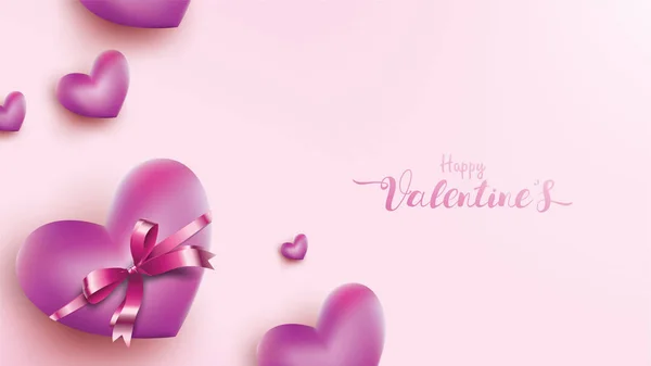 Happy Valentines Day Greeting Card Pink Purple Heart Balloon Ribbon — Stockový vektor