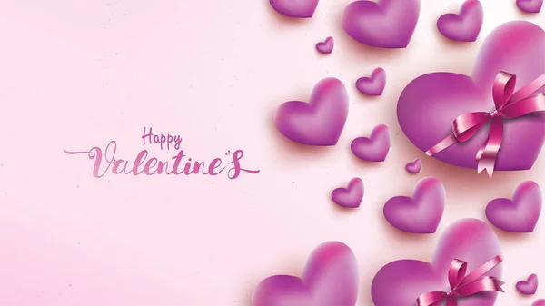 Happy Valentines Day Greeting Card Pink Purple Heart Balloon Ribbon — Stockový vektor