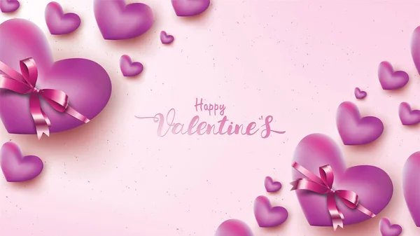 Happy Valentines Day Greeting Card Pink Purple Heart Balloon Ribbon — Stockový vektor