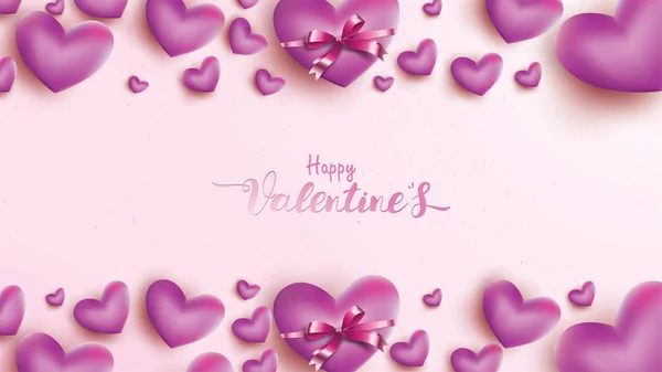 Happy Valentines Day Greeting Card Pink Purple Heart Balloon Ribbon — Stockový vektor