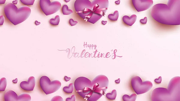 Happy Valentines Day Wenskaart Met Roze Paars Hart Ballon Lint — Stockvector