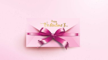 Happy Valentines Day greeting card with pink envelope and purple heart. Gold valentine love concept text suitable for banner, poster, advertising and promotion background