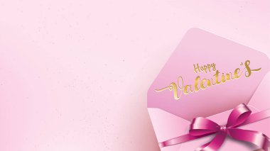 Happy Valentines Day greeting card with pink envelope and purple heart. Gold valentine love concept text suitable for banner, poster, advertising and promotion background