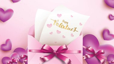 Pembe zarf ve mor kalp ile Happy Valentines Day tebrik kartı. Afiş, afiş, reklam ve promosyon arka plan için uygun Altın valentine şerit kavram metni