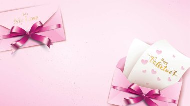 Pembe zarf ve mor kalp ile Happy Valentines Day tebrik kartı. Afiş, afiş, reklam ve promosyon arka plan için uygun Altın valentine şerit kavram metni