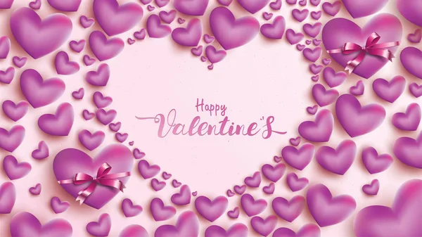 Happy Valentines Day Greeting Card Pink Purple Heart Balloon Ribbon — Stockový vektor