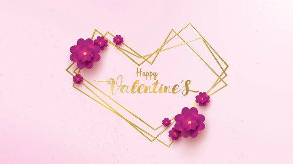 ピンクと紫の花で幸せなバレンタインデーのグリーティング カードが上昇しました 幾何学的なラインのストリップと花の背景概念に適した空間テキストのコピー チラシ 招待状 ポスター パンフレット バナー — ストックベクタ
