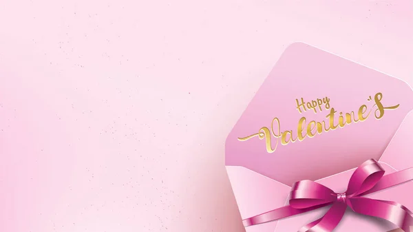 Happy Valentines Day Greeting Card Pink Envelope Purple Heart Gold — Wektor stockowy