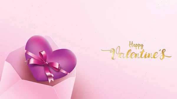 ピンクの封筒と紫の心を持つハッピーバレンタインデーグリーティングカード バナー ポスター プロモーションの背景に適したゴールドバレンタインリボンコンセプトテキスト — ストックベクタ