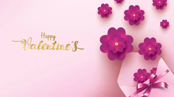 Happy Valentines Day Wenskaart Met Roze Envelop Paarse Bloem Gouden — Stockvector