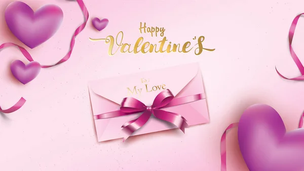 Happy Valentines Day Życzeniami Koperta Różowe Purpurowego Serca Gold Valentine — Wektor stockowy