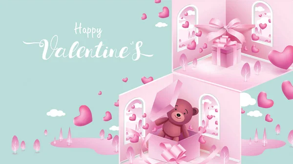 Niedliche Und Süße Elemente Herzform Geschenkschachtel Teddybär Auf Rosa Hintergrund — Stockvektor