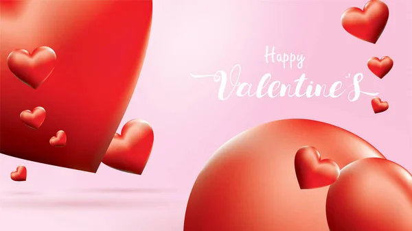 Valentine 3d renkli kırmızı romantik kalp şekli uçan ve yüzen pembe arka plan. Mutlu kadın, Anne, Sevgililer günü, Doğum günü tebrik kartı tasarımı için sevginin sembolleri