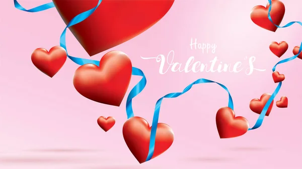 バレンタイン のカラフルな赤のロマンチックな心形飛行とピンクの背景に青い絹のリボンをフローティングします 幸せな女性の母のバレンタインデー 誕生日グリーティング カード デザインのための愛のシンボル — ストックベクタ
