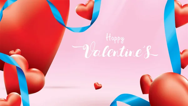 情人节3D 五颜六色的红色浪漫的心形状飞行和浮动蓝色丝带粉红色的背景 爱的象征快乐的女人 母亲的 情人节 生日贺卡设计 — 图库矢量图片