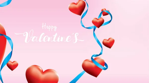 バレンタイン のカラフルな赤のロマンチックな心形飛行とピンクの背景に青い絹のリボンをフローティングします 幸せな女性の母のバレンタインデー 誕生日グリーティング カード デザインのための愛のシンボル — ストックベクタ