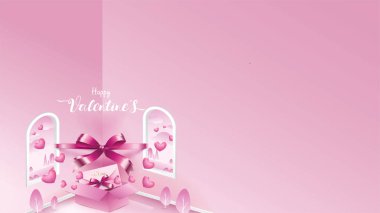 Sevimli ve tatlı öğeleri kalp, şerit, pembe bir arka plan üzerinde uçan Hediyelik kutu şeklinde. Mutlu kadın, Anne, Sevgililer günü, Doğum günü tebrik izometrik tasarım için sevginin vektör sembolleri