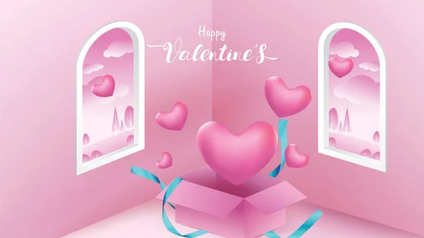 Éléments Mignons Doux Forme Coeur Ruban Boîte Cadeau Volant Sur — Image vectorielle