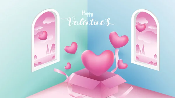 ハート リボン ピンクの背景に飛んでギフトのボックスの形のかわいい要素 幸せな女性の母のバレンタインの日 誕生日の挨拶等尺性設計のための愛のベクトル シンボル — ストックベクタ