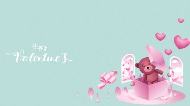 Sevimli ve tatlı öğeleri kalp, Hediyelik, kutu şeklinde arka plan üzerinde uçan ayıcık pembe. Mutlu kadın, Anne, Sevgililer günü, Doğum günü tebrik banner tasarımı için sevginin vektör sembolleri