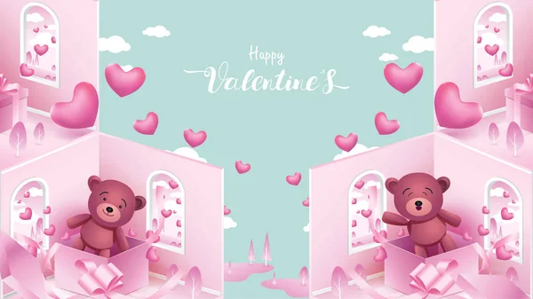 Niedliche Und Süße Elemente Herzform Geschenkschachtel Teddybär Auf Rosa Hintergrund — Stockvektor