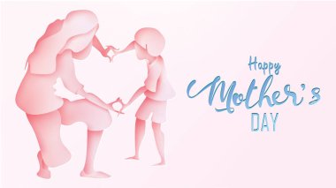 Mutlu Anneler Günü tebrik kartı. Stil şirin küçük erkek kesilmiş kağıt oynamak, dans ile anne tebrik ve eller gösteren kalp şekli simgesini pembe arka planda. Vektör çizim. -Vektör