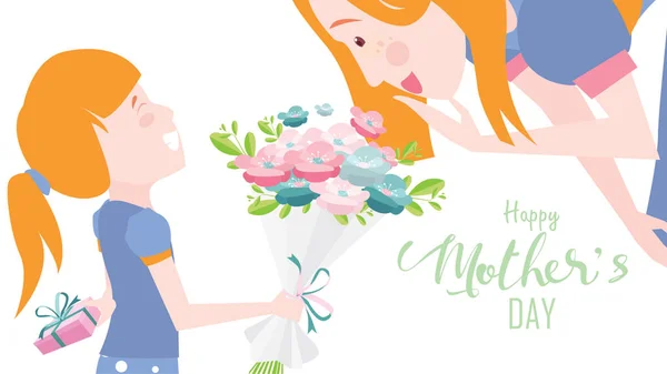Glücklicher Muttertag Tochter Gratuliert Mama Und Schenkt Ihr Blumen Tulpen — Stockvektor