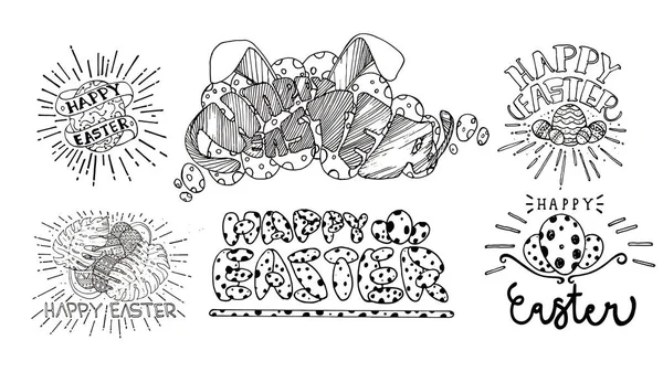Satz von geschriebenen Osterphrasen. Frohe Ostern Grußkarte Textvorlagen mit Eiern isoliert auf weißem Hintergrund. set - Vektor — Stockvektor