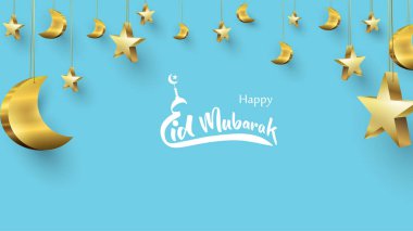 Bayram Mübarek tebrik Kart İllüstrasyon, ramazan kareem vektör boş mavi arka plan üzerinde parlayan altın ay ile İslami festival için dilek - Vektör