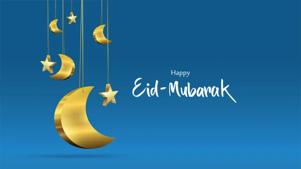 Eid mubarak grußkarte illustration, ramadan kareem vektor wünscht sich ein islamisches fest mit goldenem mond auf leerem blauem hintergrund - vektor — Stockvektor