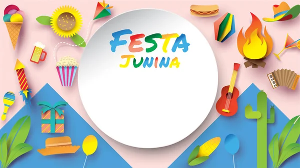 Parti Bayrakları ve Kağıt Fener ile kağıt sanat ve düz tarzı Festa Junina festival tasarımı, Tebrik Kartı, Davetiye veya Tatil Afiş için kullanabilirsiniz. - Vektör