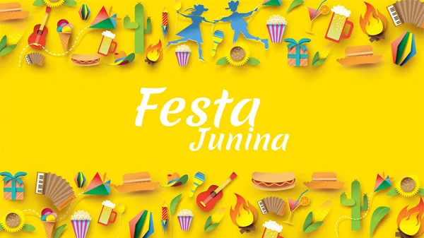 Parti Bayrakları ve Kağıt Fener ile kağıt sanat ve düz tarzı Festa Junina festival tasarımı, Tebrik Kartı, Davetiye veya Tatil Afiş için kullanabilirsiniz. - Vektör