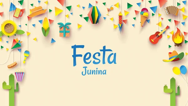 Festa Junina projekt festiwalu na papierze sztuki i płaski styl z party Flags i Paper Lantern, można użyć do karty okolicznościowe, zaproszenie lub świąteczny plakat. -Wektor — Wektor stockowy