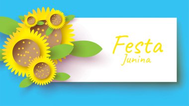 Afiş veya poster konsepti için ayçiçeği ile kağıt sanat ve düz tarzı Festa Junina festival tasarımı . - Vektör