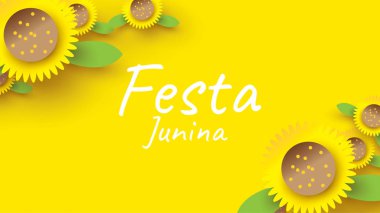 Afiş veya poster konsepti için ayçiçeği ile kağıt sanat ve düz tarzı Festa Junina festival tasarımı . - Vektör