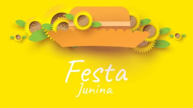 Afiş veya poster konsepti için basit Meksika Şapka ve ayçiçeği ile kağıt sanat ve düz tarzı Festa Junina festival tasarımı. - Vektör