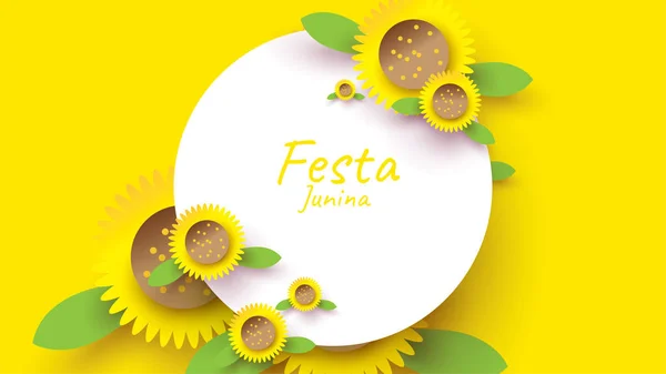 Festa Junina Festival design på papper konst och platt stil med solrosor för banner eller affisch koncept. -Vektor — Stock vektor
