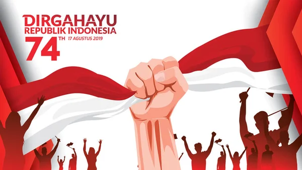 17 August. Indonesia Happy Independence Day greeting card with hands clenched, Spirit of freedom symbol. Use for banner, and background . Vector — Stock Vector