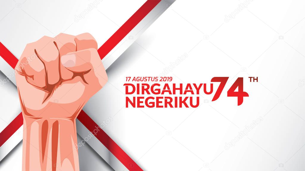 17 August. Indonesia Happy Independence Day greeting card with hands clenched, Spirit of freedom symbol. Use for banner, and background . Vector