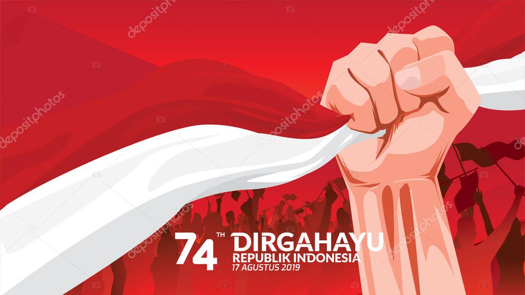 17 August. Indonesia Happy Independence Day greeting card with hands clenched, Spirit of freedom symbol. Use for banner, and background . Vector